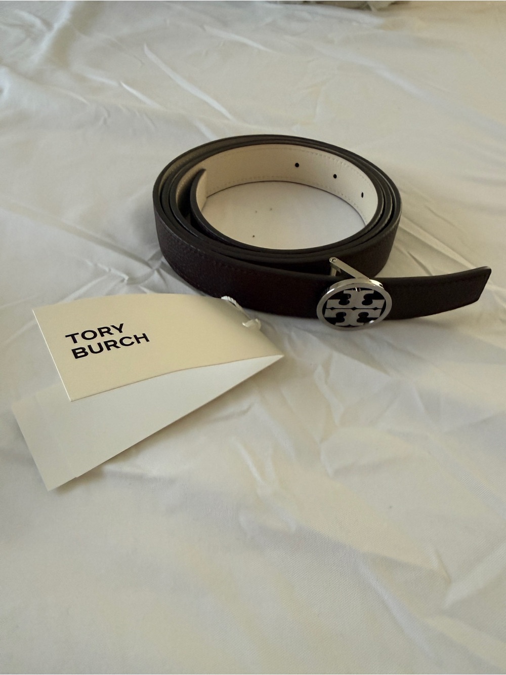 Tory Burch Dark Brown Leather Belt with Silver Logo Buckle